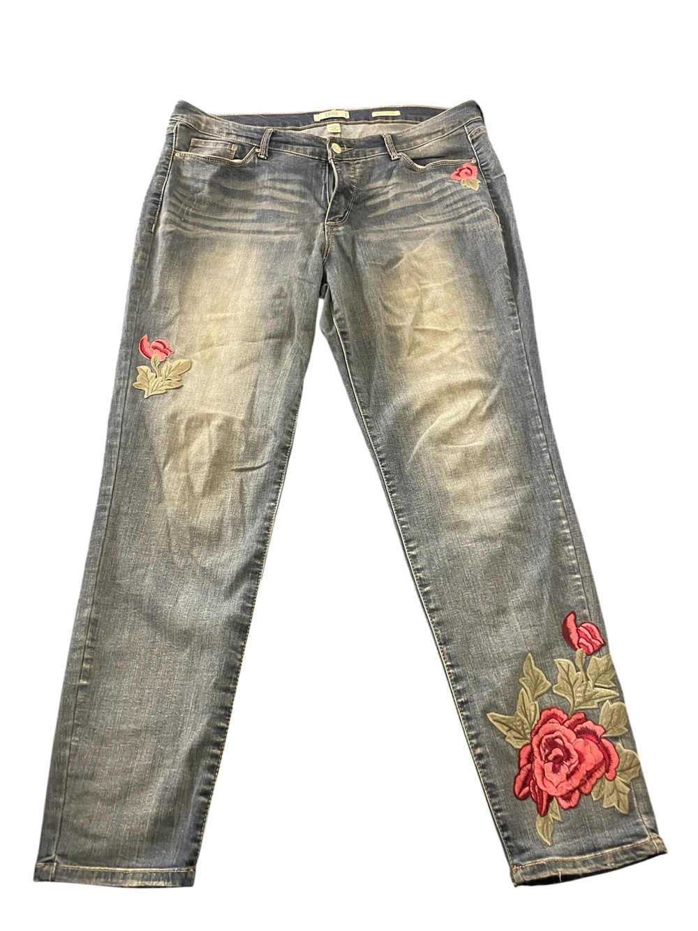 Vintage America Women's Gray/Blue Slim Jeans with Pink Rose Embroidery